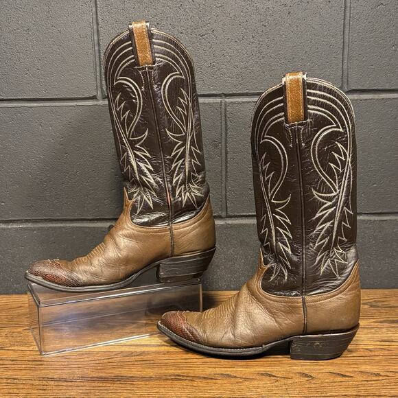 Tony Lama 6240 Brown Black Leather Snakeskin Vamps Western Boots Men’s 7 D USA - Picture 1 of 8